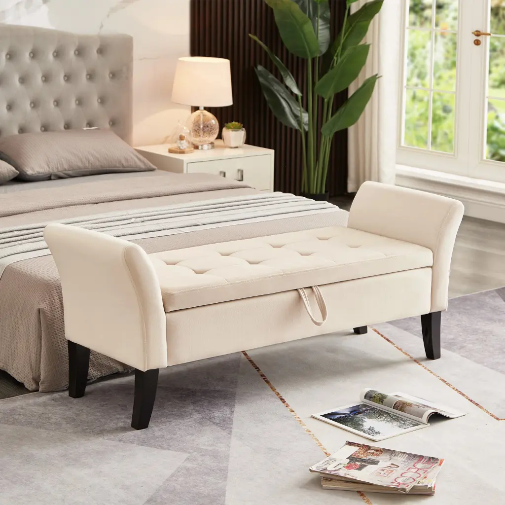 51.5 Inch Bed Bench Storage Beige Velvet Upholstered Seat Foam Cushion hdf store