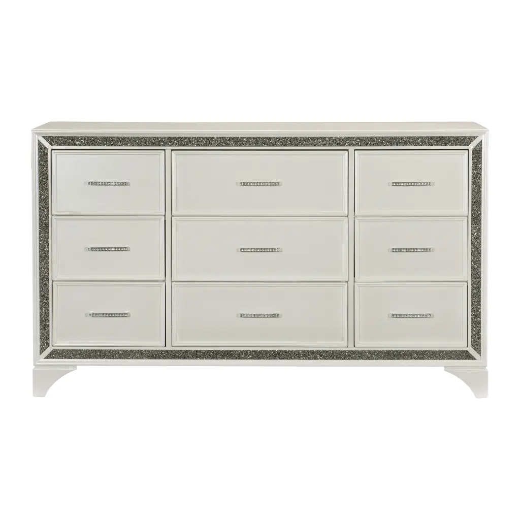 Pearl White Metallic Finish Dresser 1Pc 9 Drawers Silver Glitter Trim Bedroom Furniture kanepe