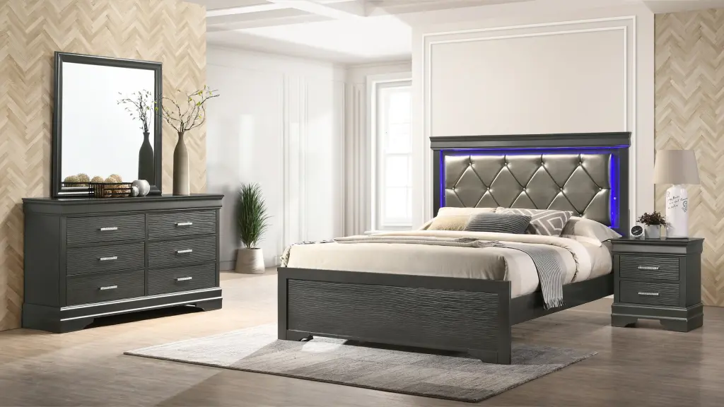 Brooklyn Twin 4 Piece LED Bedroom Set Gray Box Spring Wood Frame galaxy home furnishings