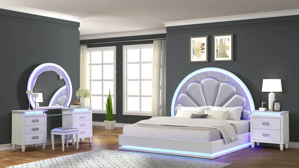 Perla Queen 4 Piece Vanity LED Bedroom Set Milky White Wood galaxy home furnishings