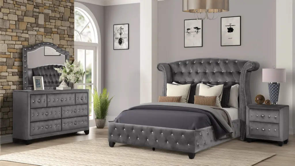 Sophia Modern Crystal Tufted Queen 4 Piece Bed Set Headboard Luxury Bedroom Furniture galaxy home furnishings