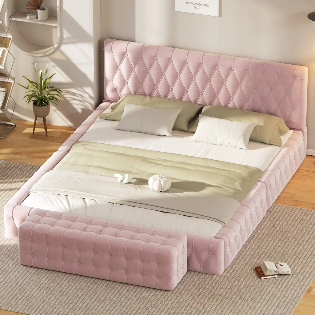 2 Piece Bedroom Set Queen Size Upholstered Bed Rectangular Headboard homey life