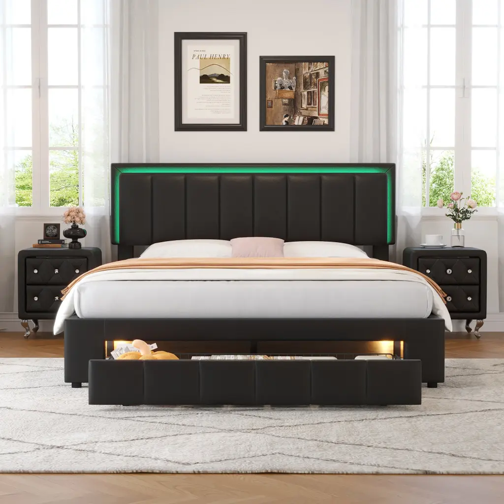3 Pieces Bedroom Sets Queen Size Upholstered Bed LED Lights homey life