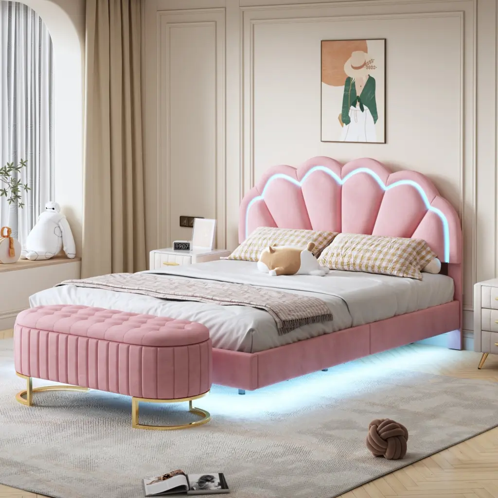 2 Pieces Bedroom Sets Queen Size Upholstered LED Platform Bed Storage homey life