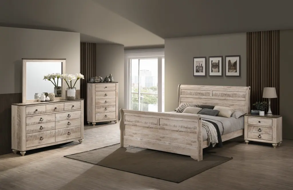 Imerland Contemporary White Wash Finish Bedroom Set King Sleigh Bed hz