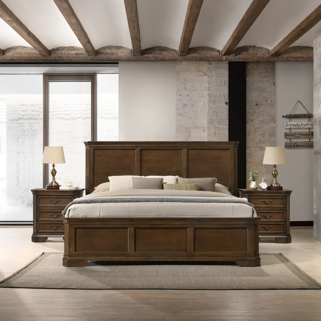 Maderne Traditional 3 Piece Wood Bedroom Set Queen Size Panel Bed Dresser And Mirror hz