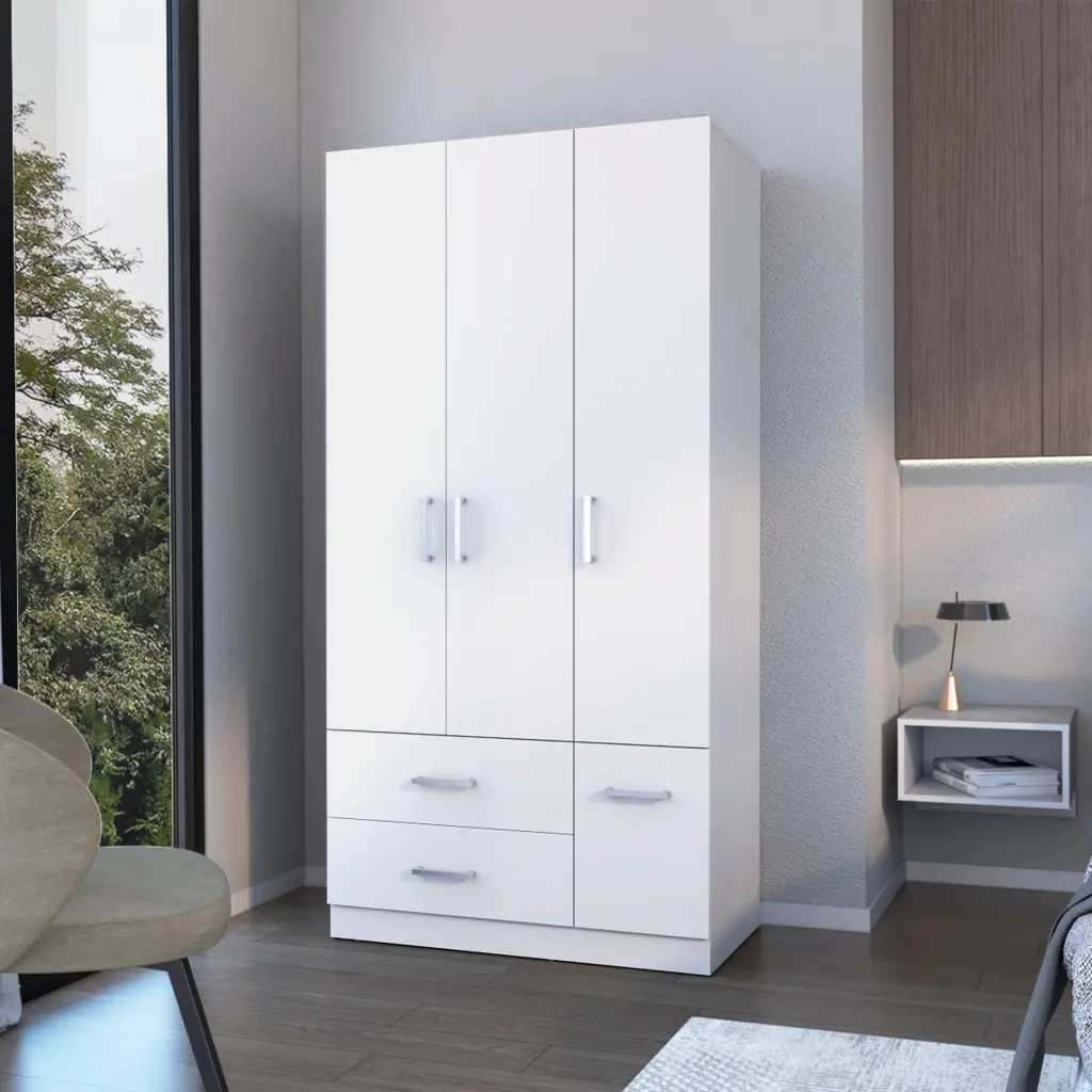 Douglas Armoire Melamine Two Drawers, Hanging Rod and 4 Doors, White fm furniture