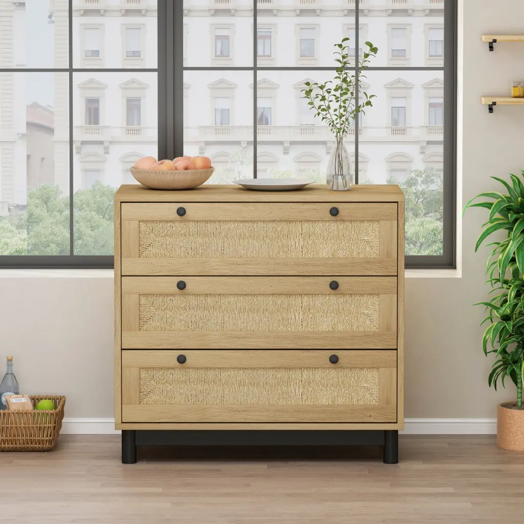 30.31 Inch 3 Drawers Storage Cabinet Rope Woven Drawer Bedroom Living Room spribung