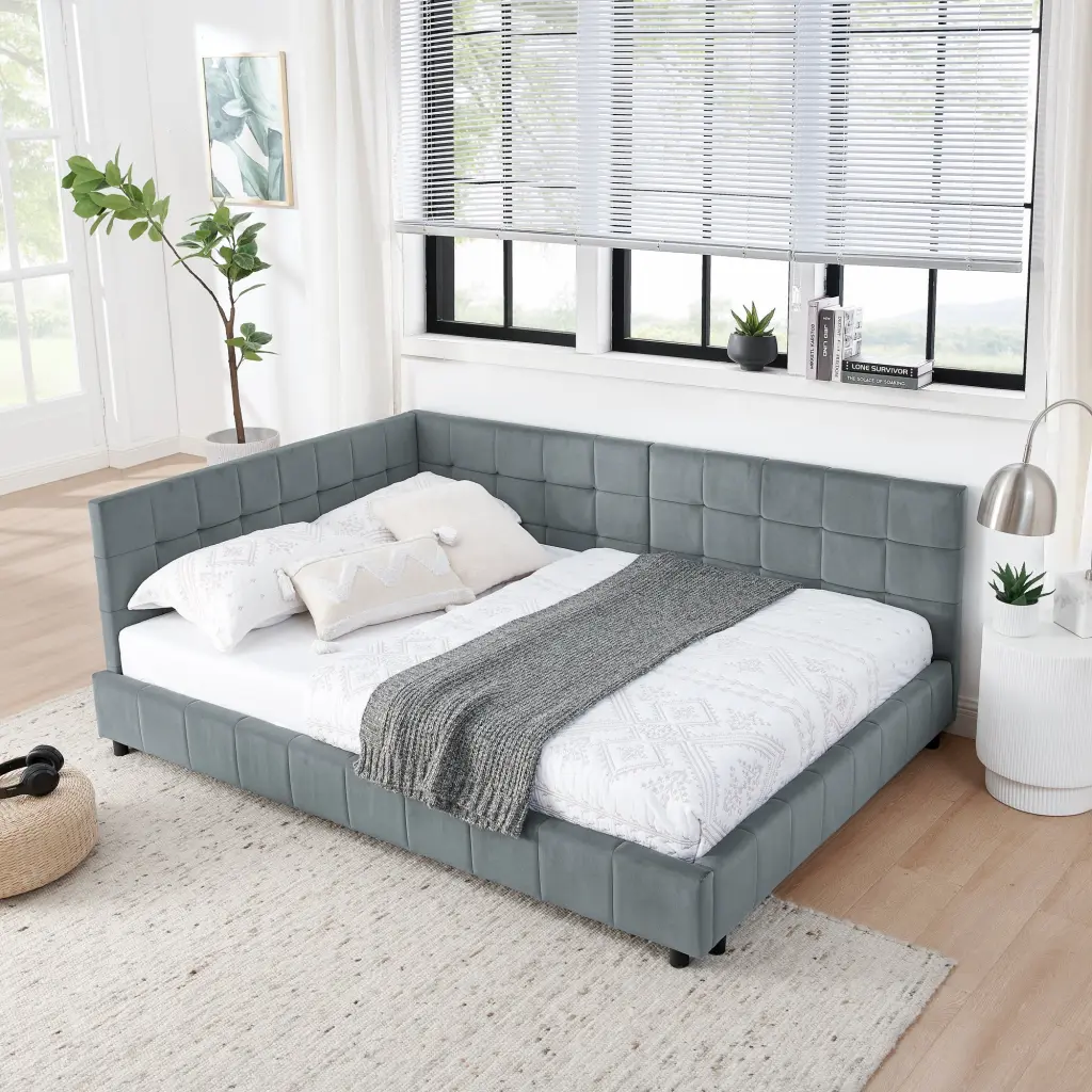 Full Size Upholstered Tufted Bed Frame Easy Assembly chuangyuan smart home