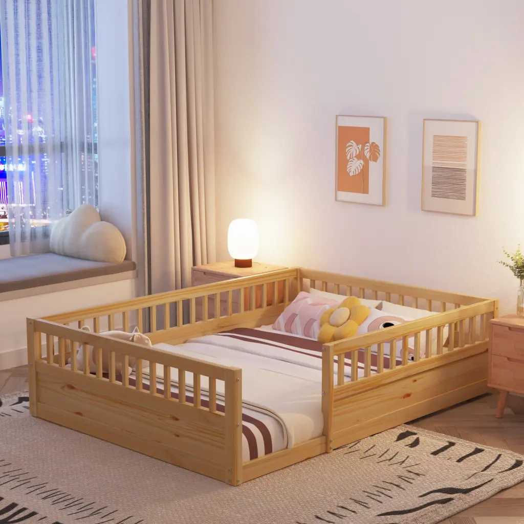 Full Floor Bed Frame Fence, Wood Kids Floor Bed Bedroom w2593