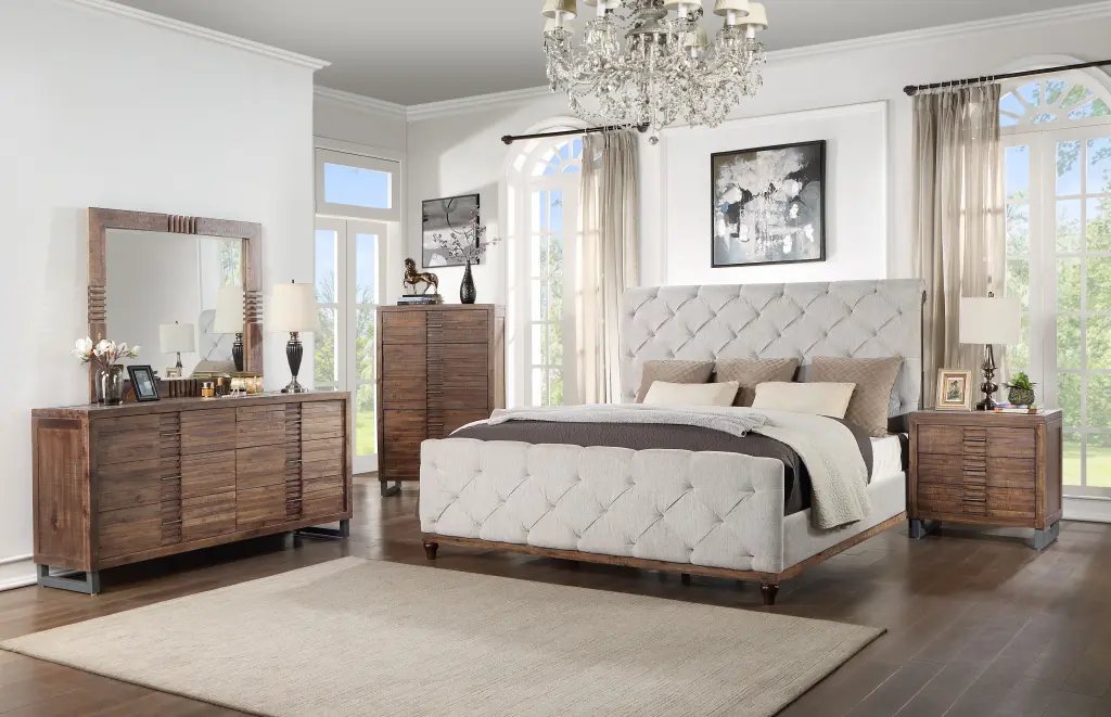 Andria Queen Bed Reclaimed Oak Finish MDF Frame acme onsite store