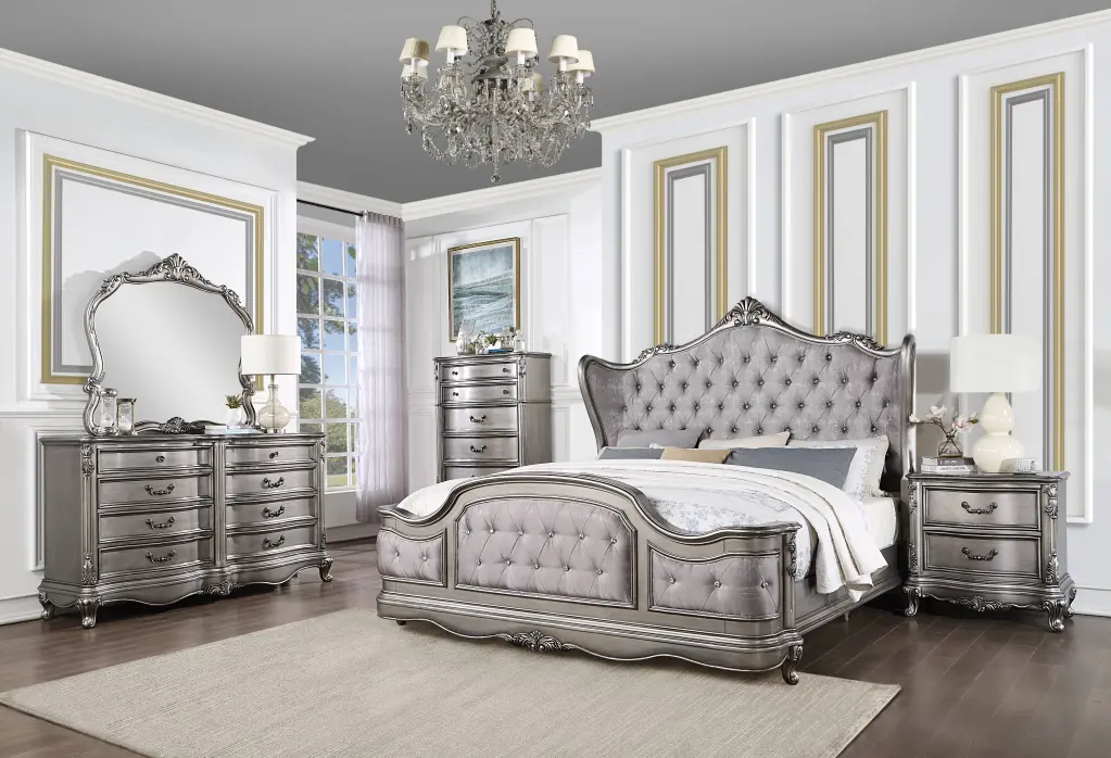 Ausonia Queen Bed - Antique Platinum Finish Bed Frame Box Spring Required acme onsite store