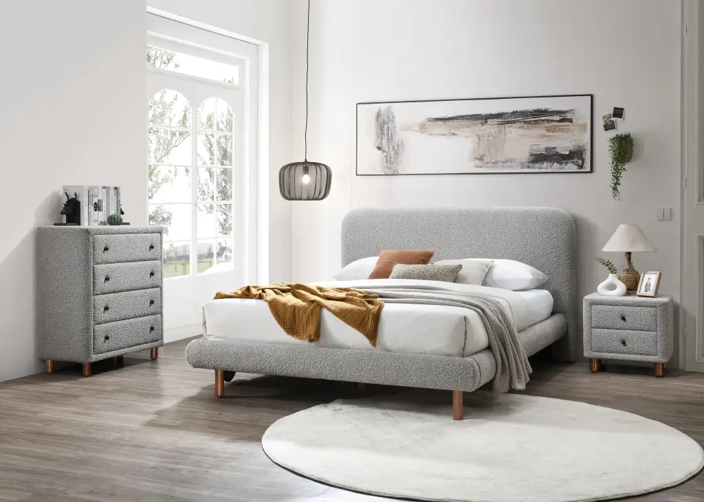 Cleo Eastern King Bed Gray Boucle Fabric Modern Bed Frame acme onsite store