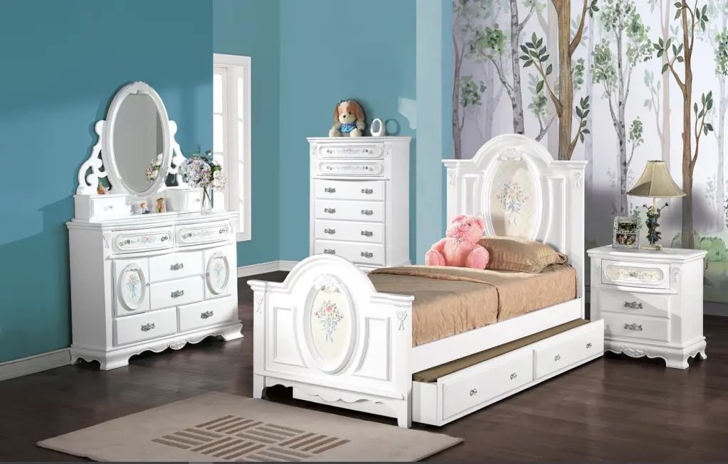 Flora Twin Bed White Finish Wooden Bed Frame Kids And Teens acme onsite store
