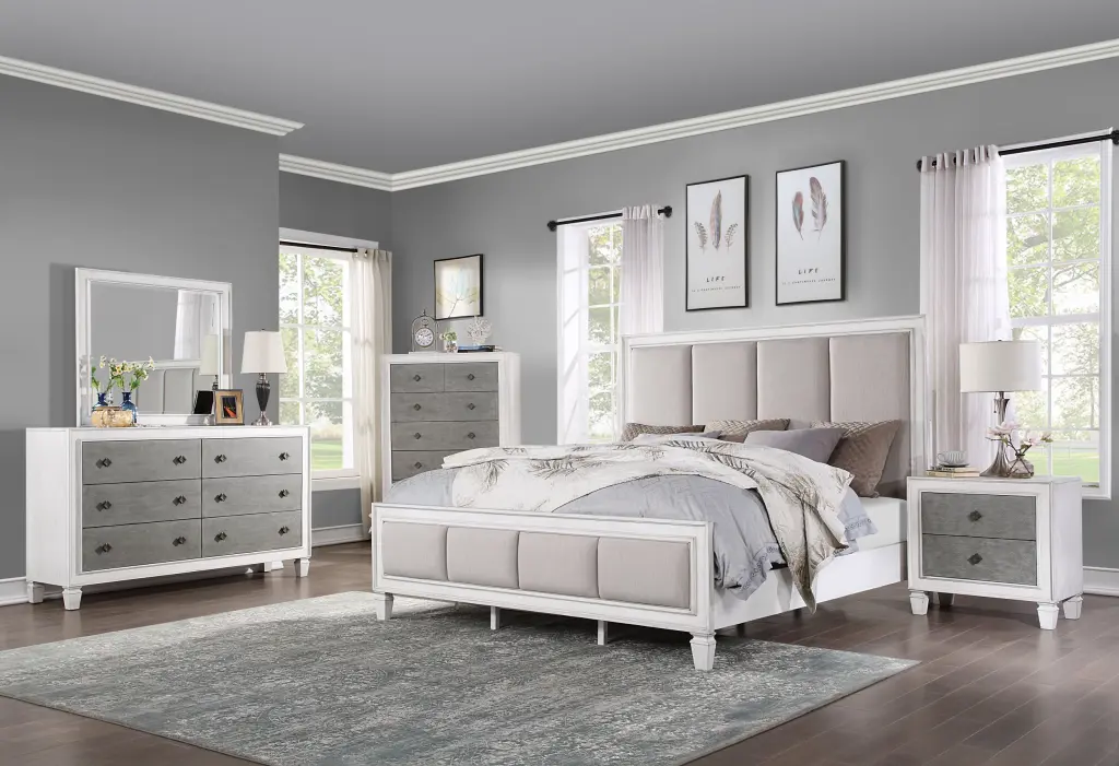 Katia Queen Bed Light Gray Linen Rustic Weathered White Finish Bedroom Furniture acme onsite store