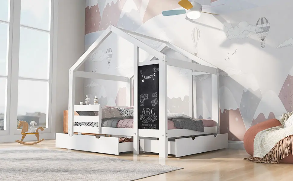 Twin Houtilize Bed Blackboard and Drawers Two Assembly Options White artistry at home