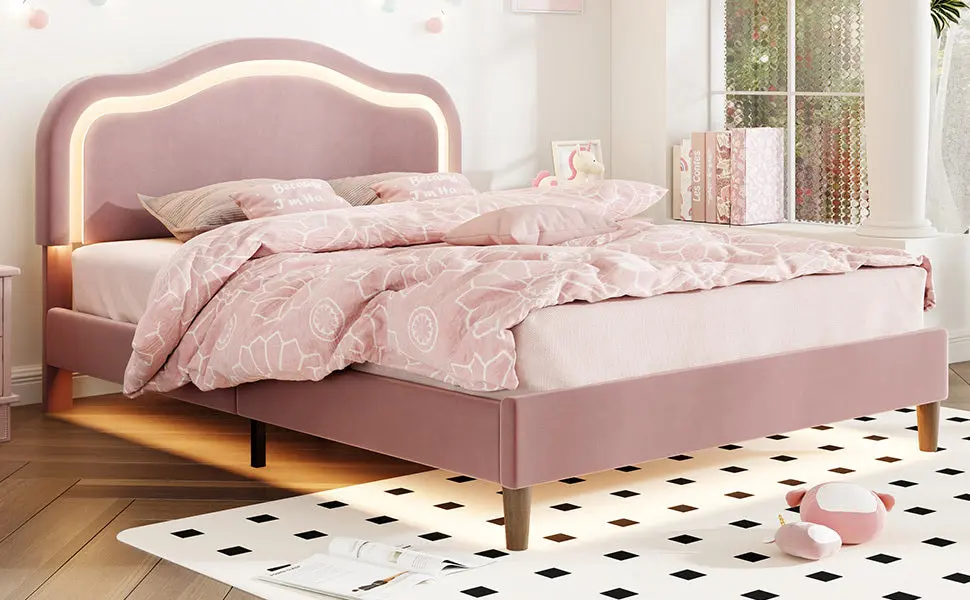 Queen Size Velvet Upholstered LED Bed Frame Adjustable Height bed best