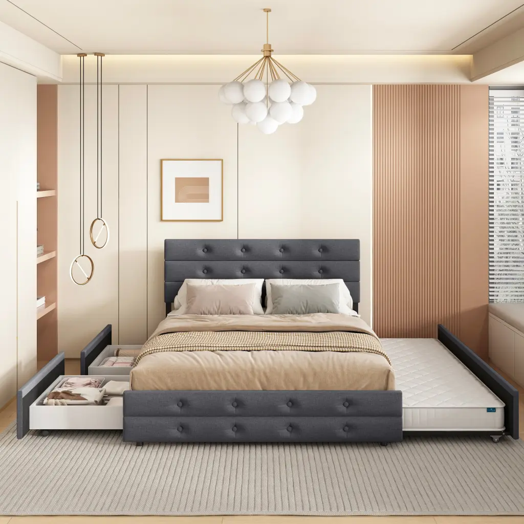 Queen Size Upholstered Linen Fabric Trundle Bed Drawers Grey Box Spring Mattress bedepot