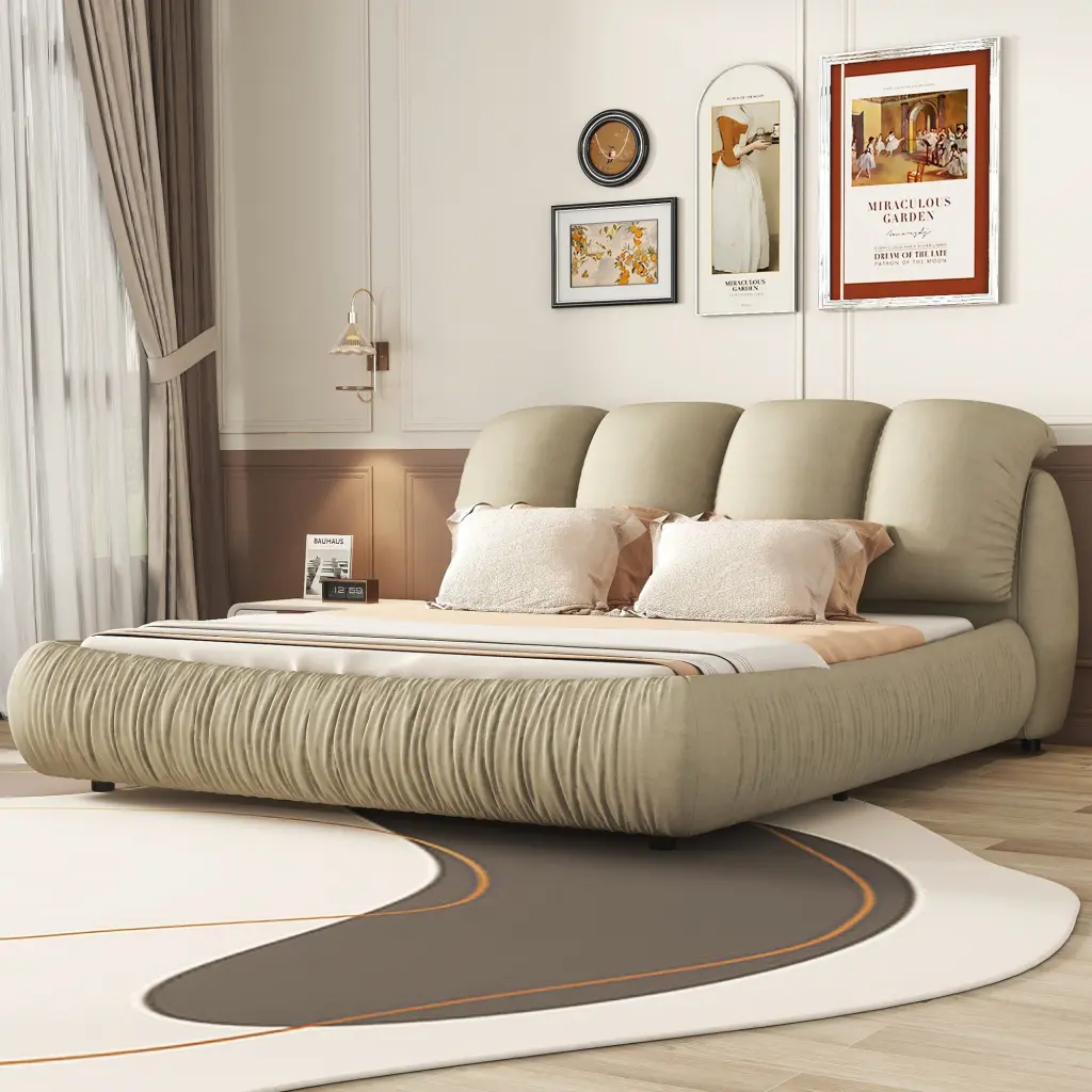 King Size Premium Upholstered Bed Thick Headboard Velvet King Bed bonwell