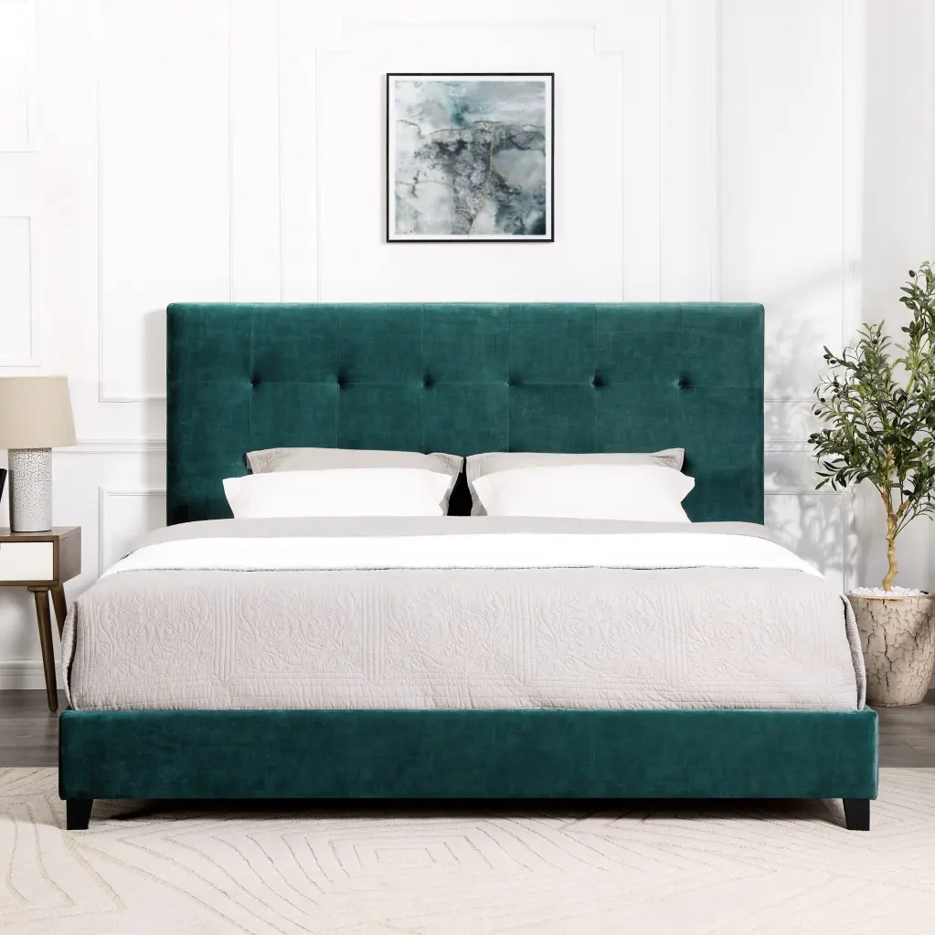 King Size Green Velvet Tufted Upholstered Platform Bed Box Spring Required bridgevine home