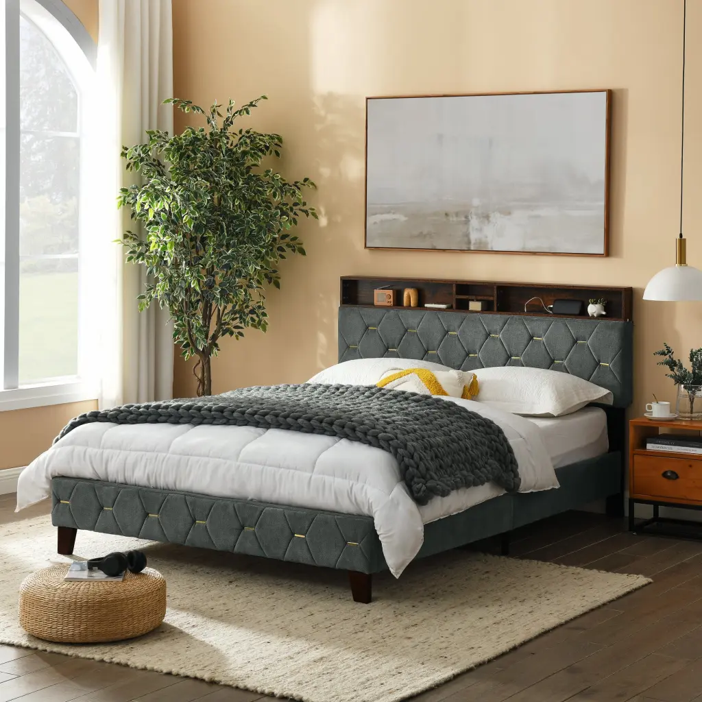 Queen Size Bed Frame Shelf Upholstered Headboard Platform Bed Ottoman chuangyuan smart home