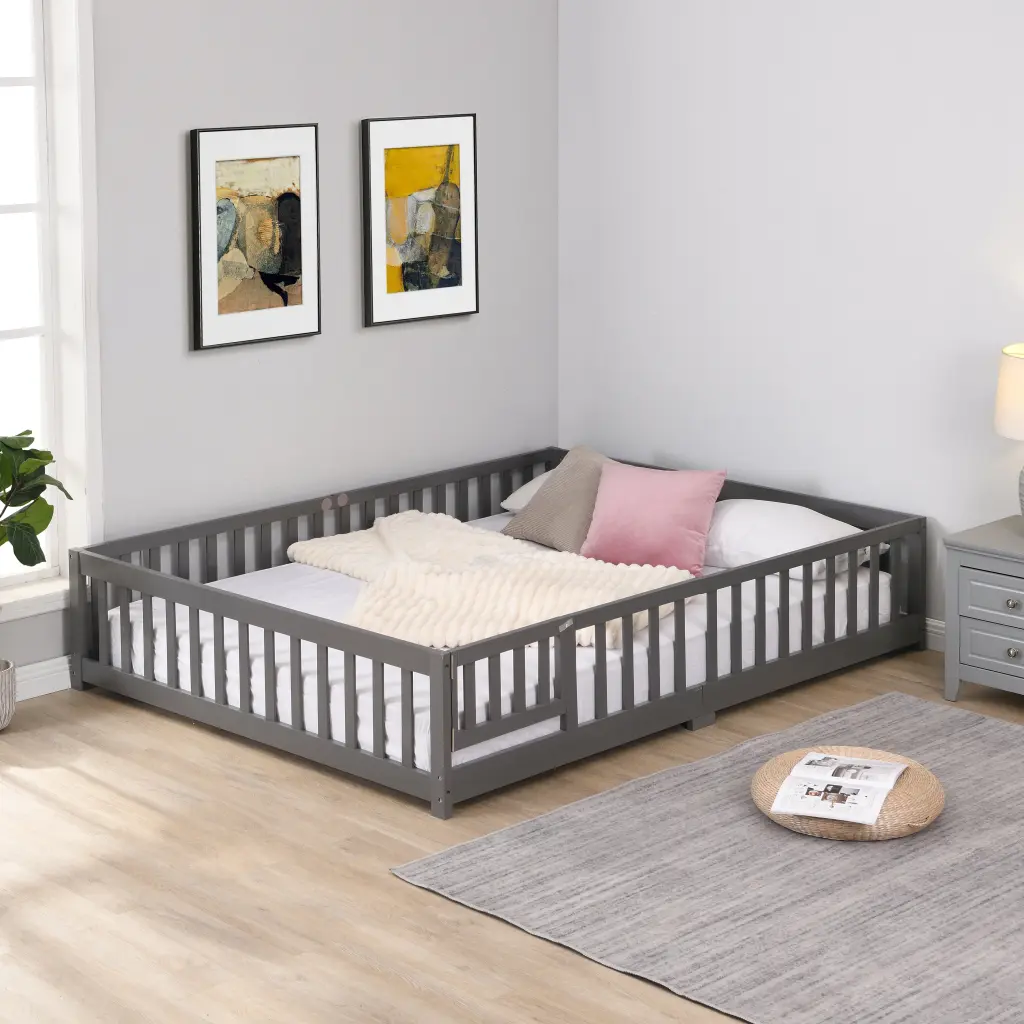 Full Size Floor Bed Door Solid Wood Platform Bed Frame Fence civilfurniture