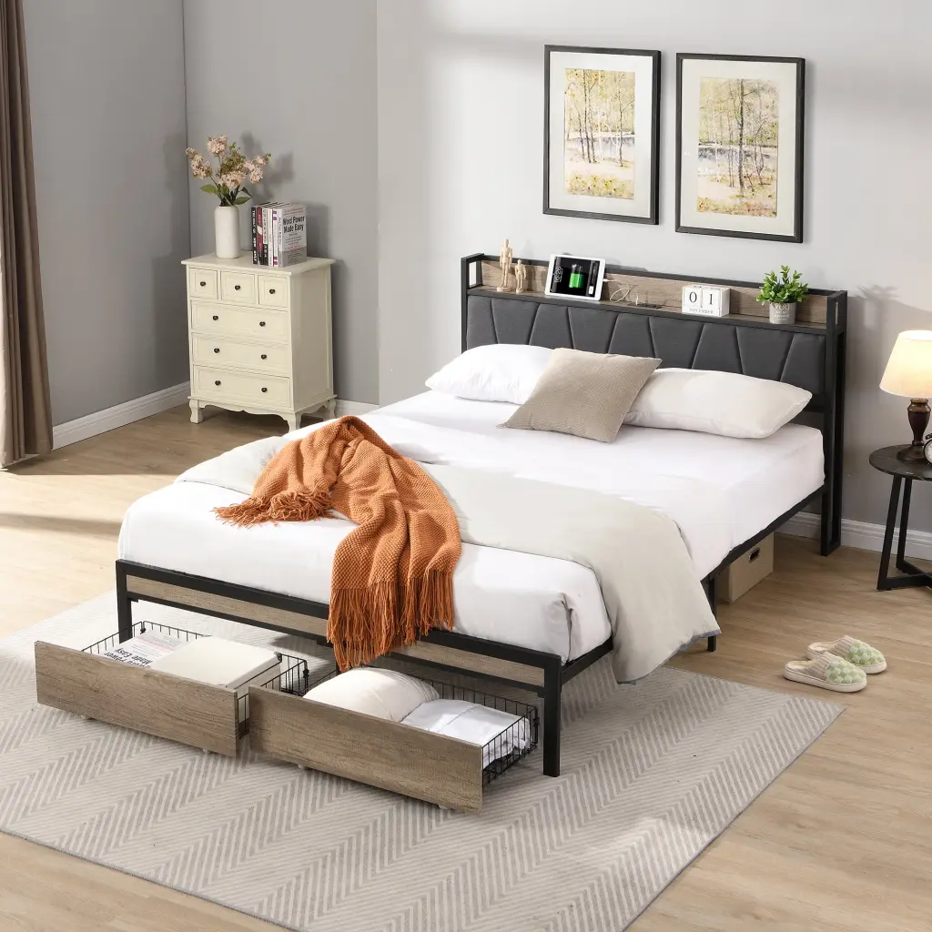 Queen Size Metal Platform Bed Frame Upholstery and Storage Function civilfurniture