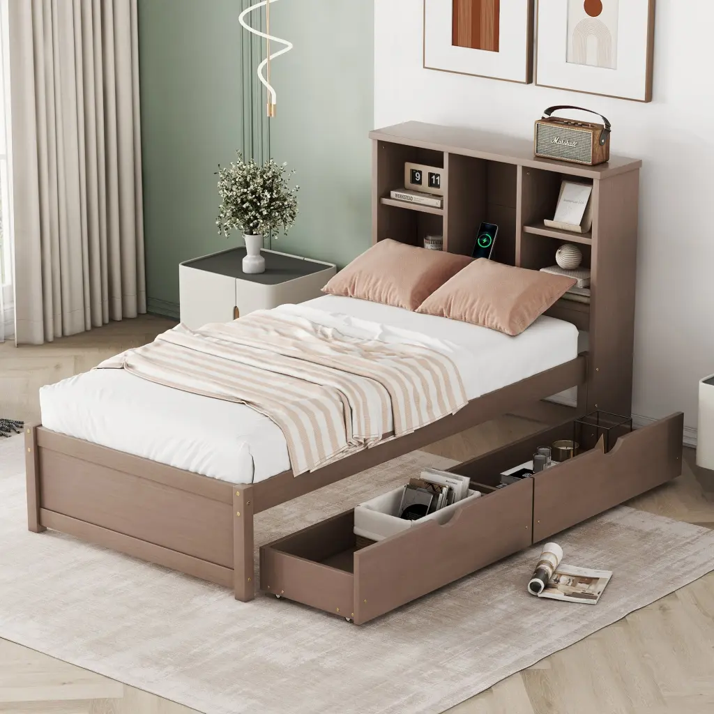 Modern Twin Size Bed Frame Built- USB Port on Bookcase Headboard fangxing
