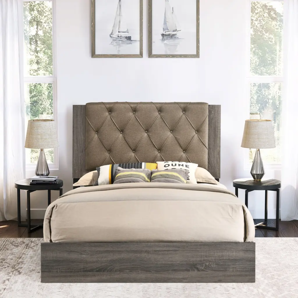 Brown and Rustic Grey Oak Tufted Queen Bed Box Spring Required furniture max