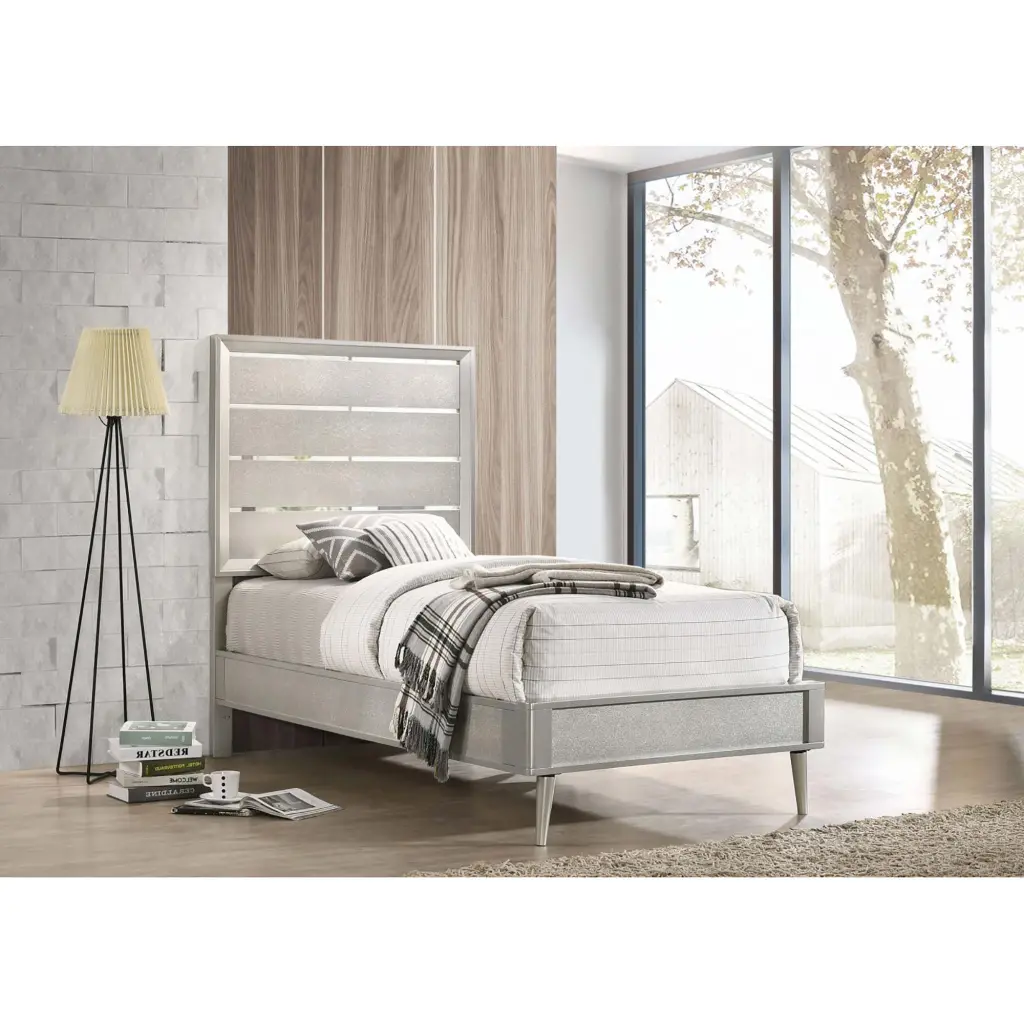 Metallic Sterling Panel Bed Tapered Legs Twin Size Silver Wood Bedroom furniture max