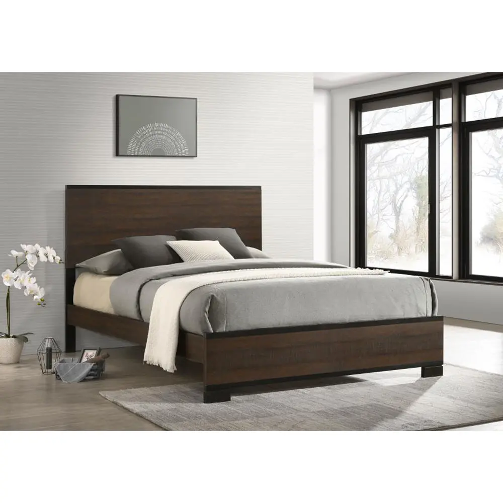 Rustic Queen Panel Bed Box Spring Required Brown Wood Finish furniture max