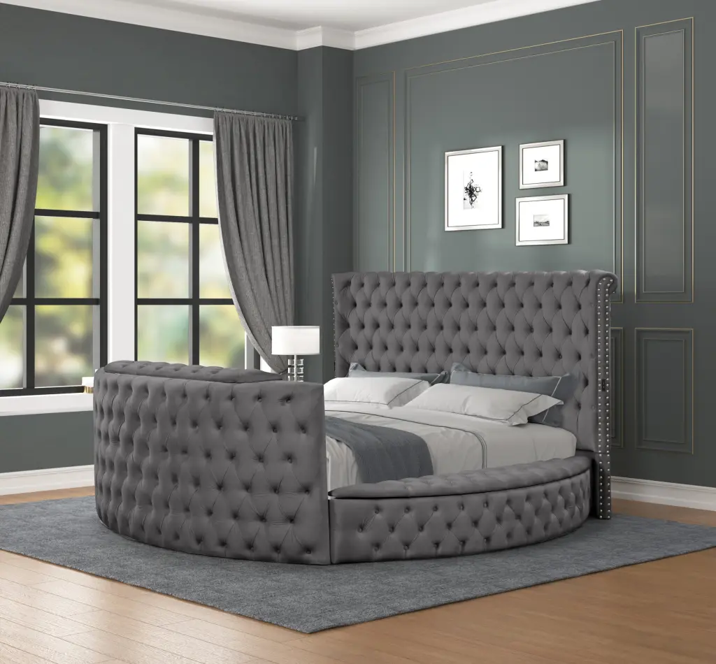 Maya Modern Gray Crystal Tufted King Bed Wood Frame Box Spring galaxy home furnishings