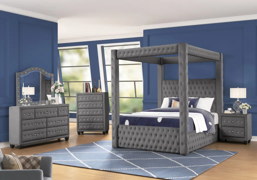 Monica Opulent Four Poster Full 5-Piece Bed Set Gray Wood Finish galaxy home furnishings
