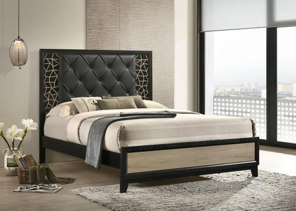 Selena Modern Contemporary King Bed Made Wood Black and Natural Finish Bedroom Furniture galaxy home furnishings