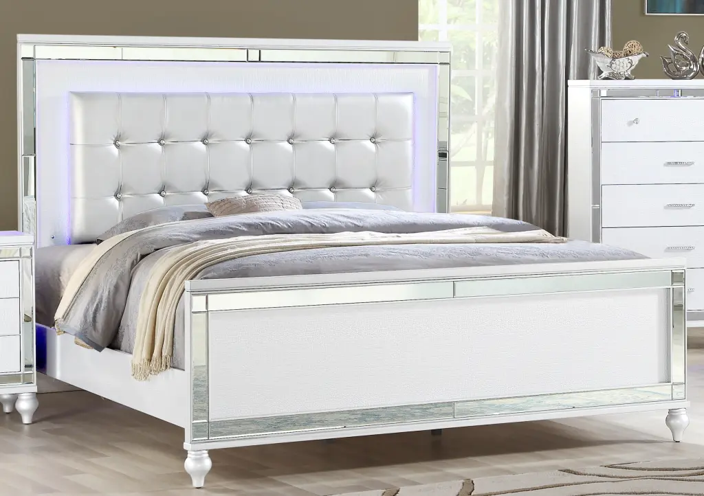 Sterling King Size Upholstered LED Bed Made Wood White Color galaxy home furnishings
