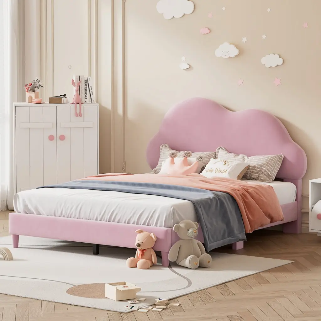 Full Size Upholstered Cloud Influence Bed Velvet Platform Bed Headboard homey life