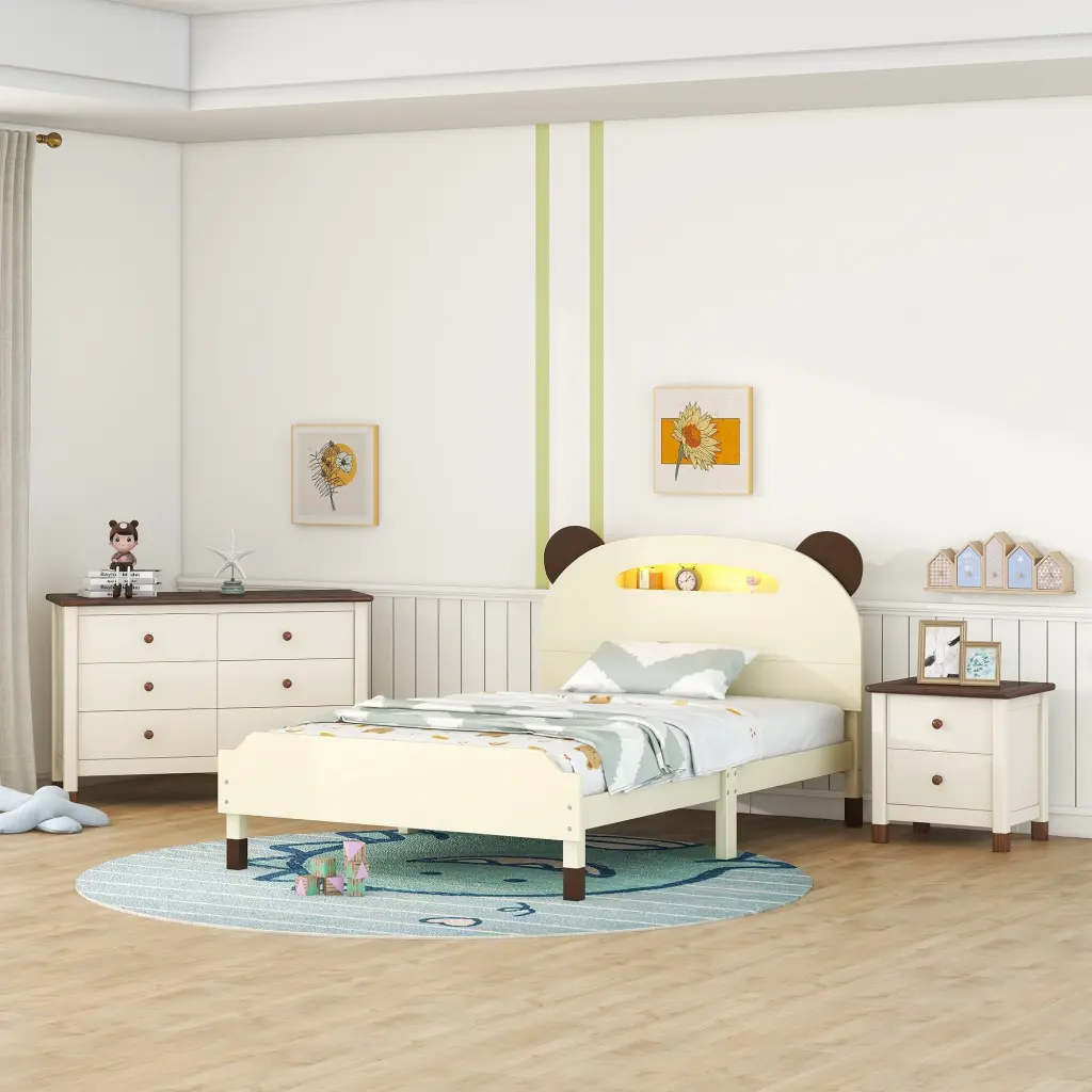 3 Piece Twin Size Bear Influence Platform Bed Nightstand homey life