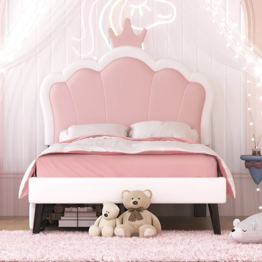 Twin Size Upholstered Princess Bed Crown Headboard And 2 Drawers Kids Furniture homey life