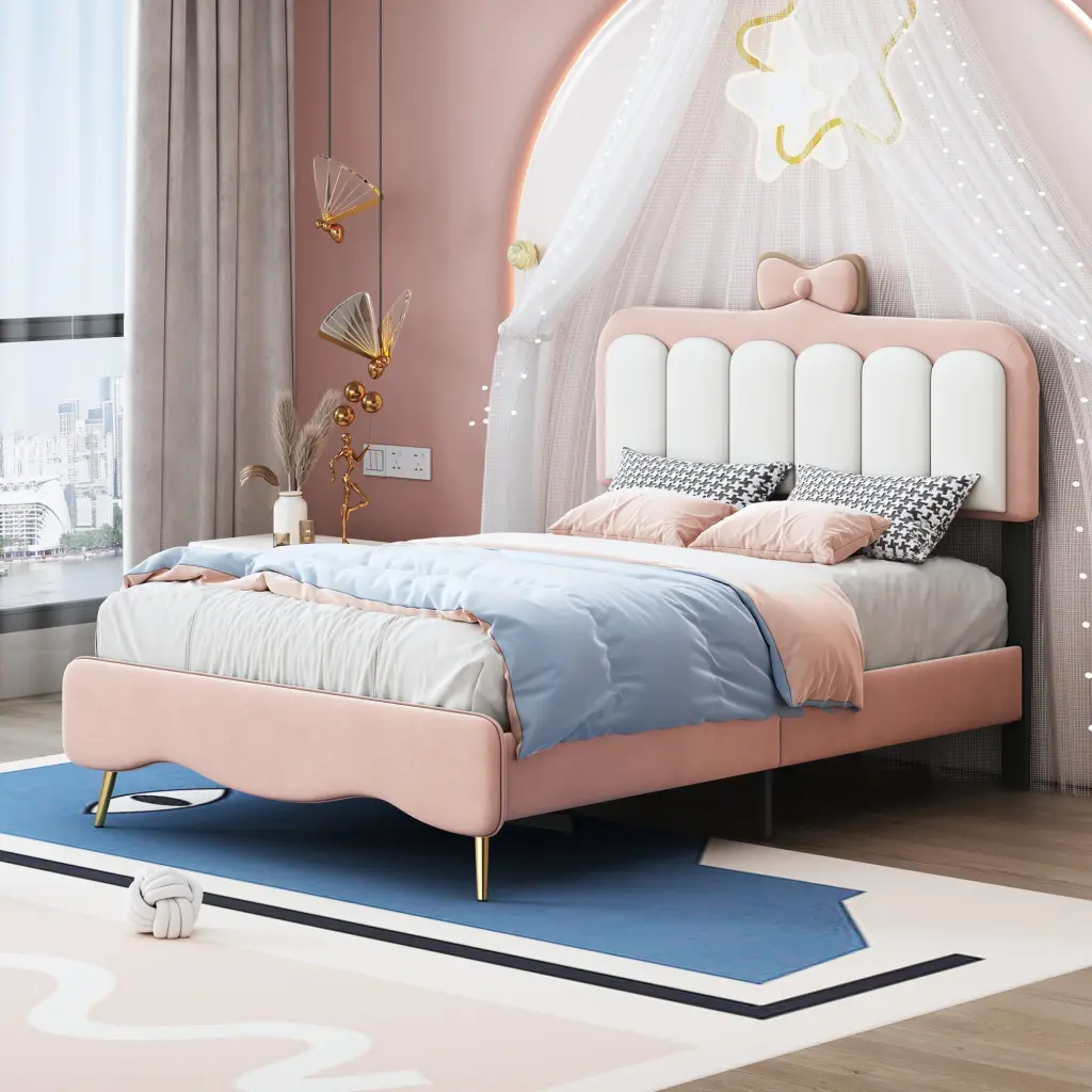 Twin Size Velvet Princess Bed Bow Knot Headboard Platform Bed homey life