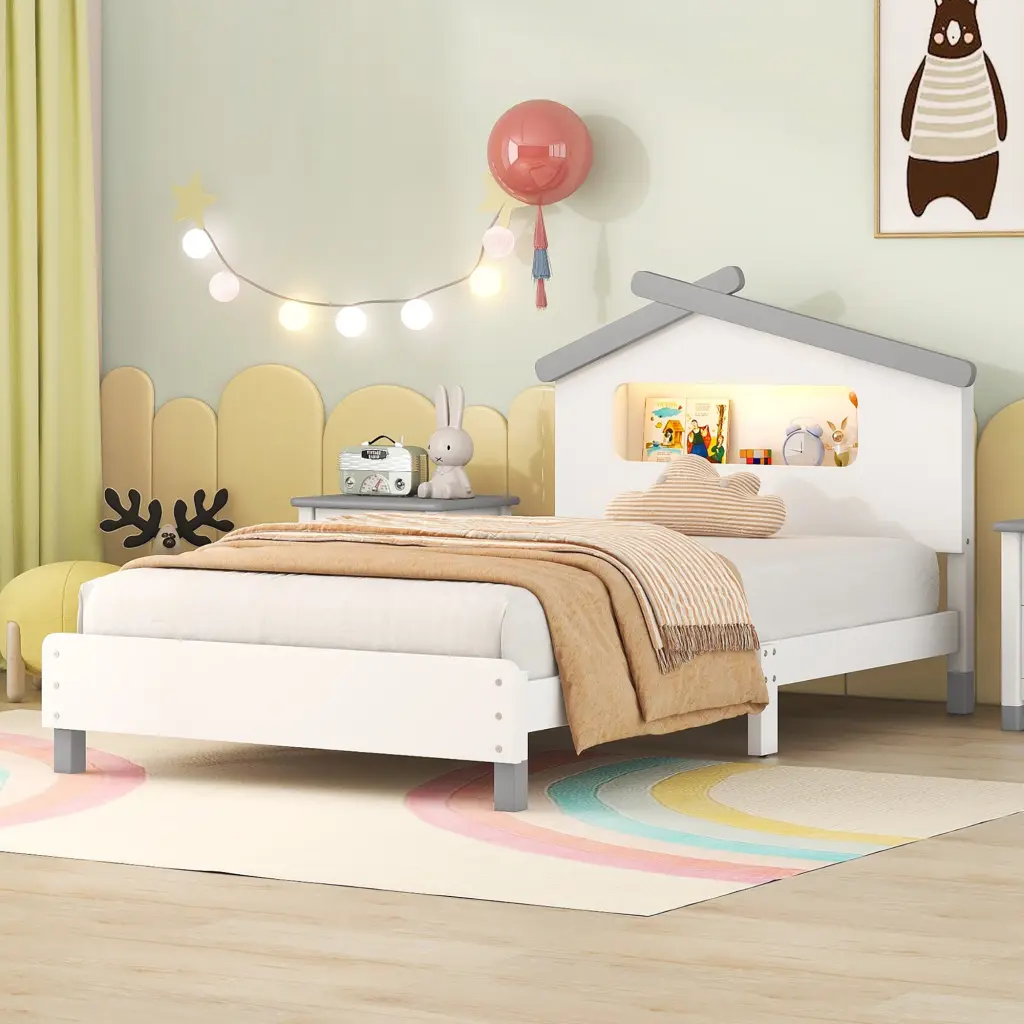 Twin Size Wood Platform Bed Headboard And Motion Activated Lights homey life