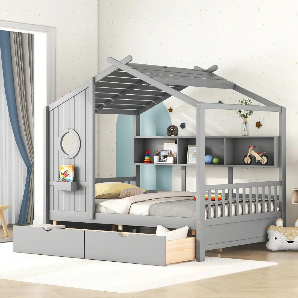 Wooden Full Size Houtilize Bed 2 Drawers Kids Storage Shelf homey life