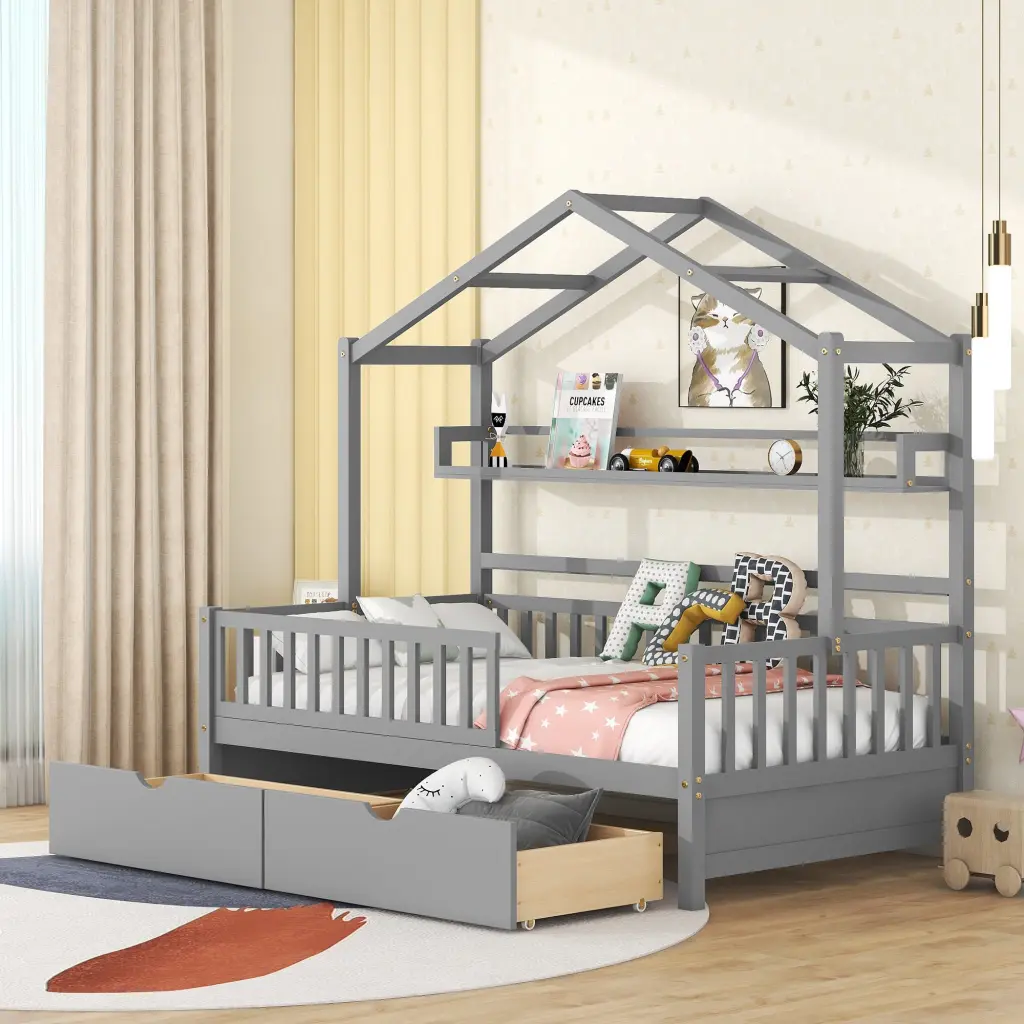 Wooden Twin Size Houtilize Bed 2 Drawers and Storage Shelf Kids Bed homey life