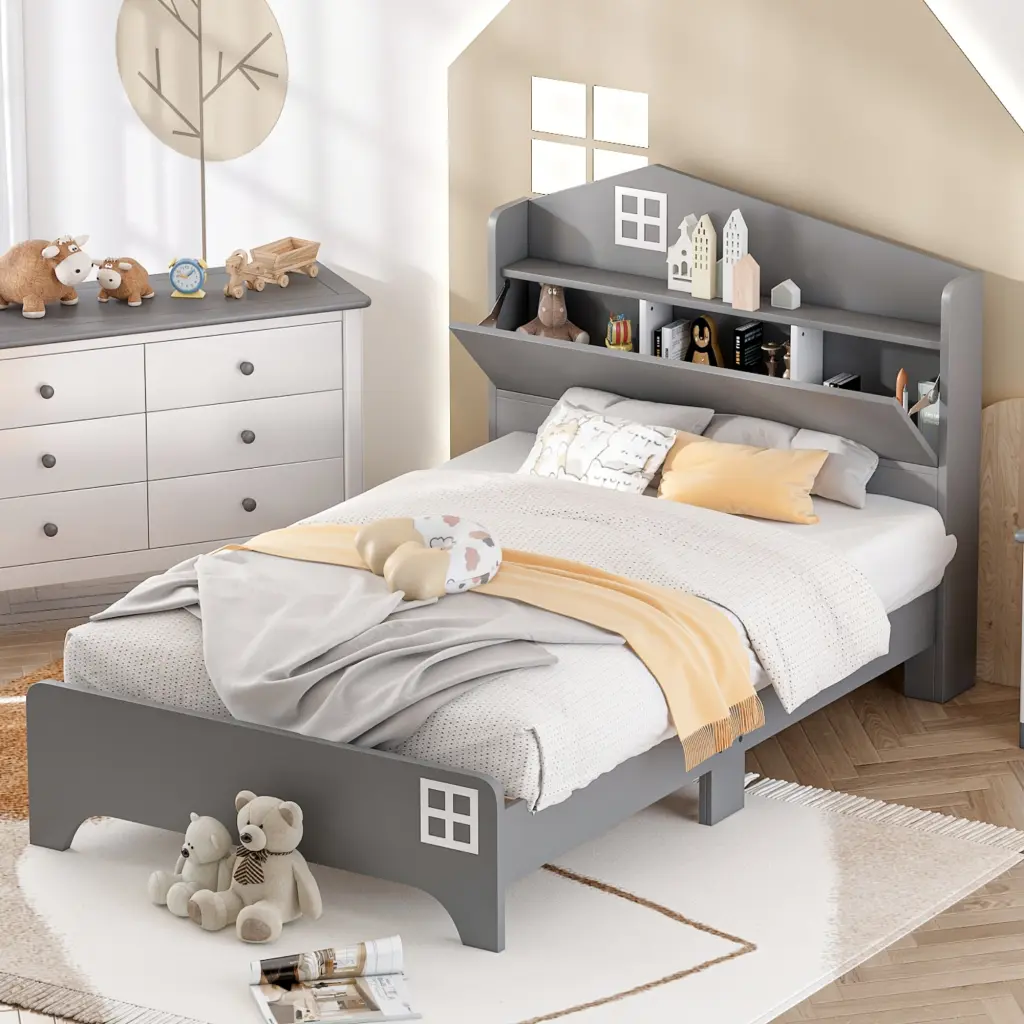 Wooden Twin Size Houtilize Bed Storage Headboard Kids Bed homey life