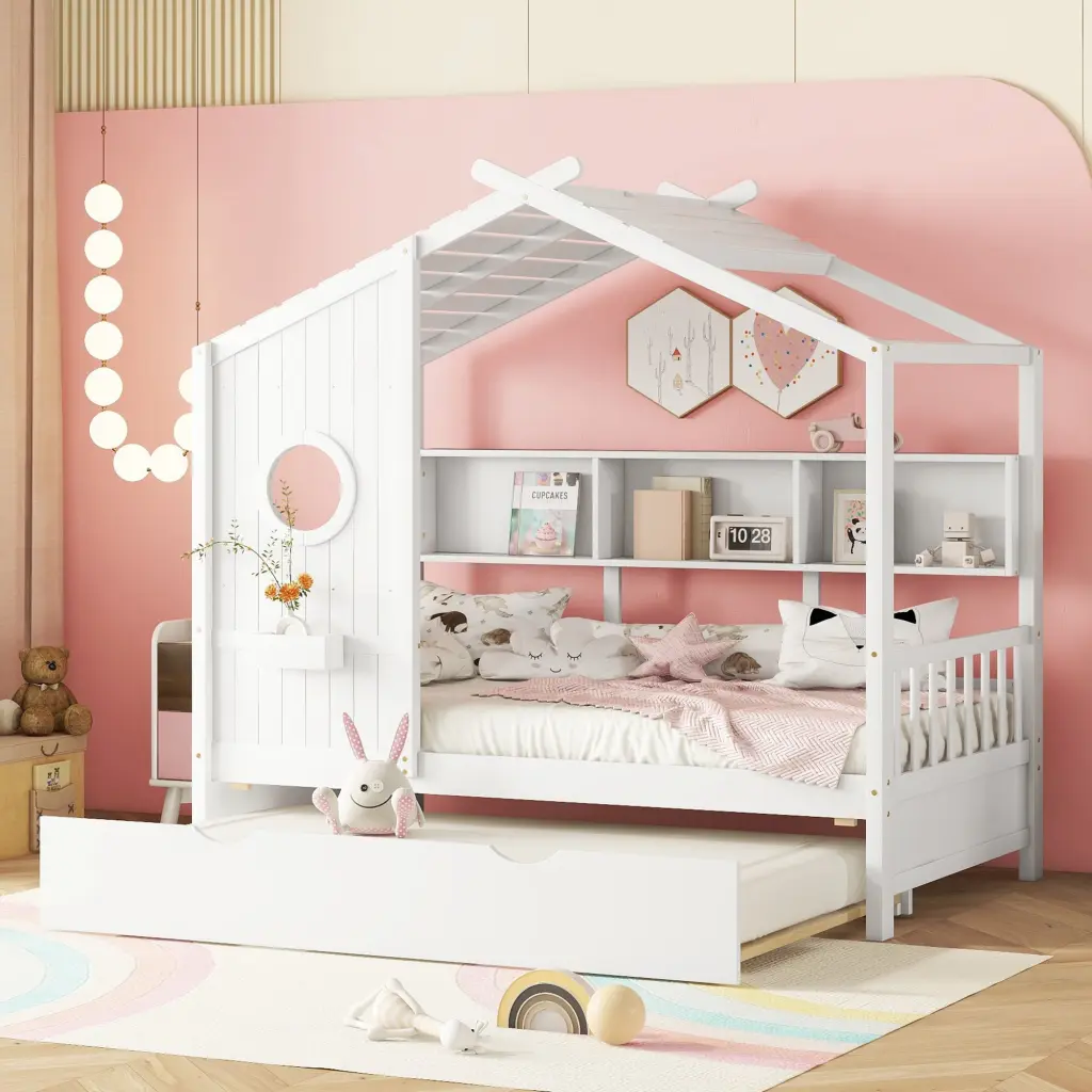 Wooden Twin Size Houtilize Bed Trundle Modern Design Kids homey life