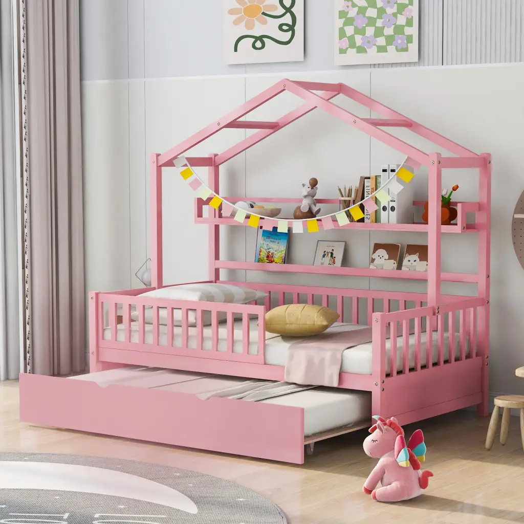 Wooden Twin Size Houtilize Bed Trundle Kids Bed Shelf Pink homey life