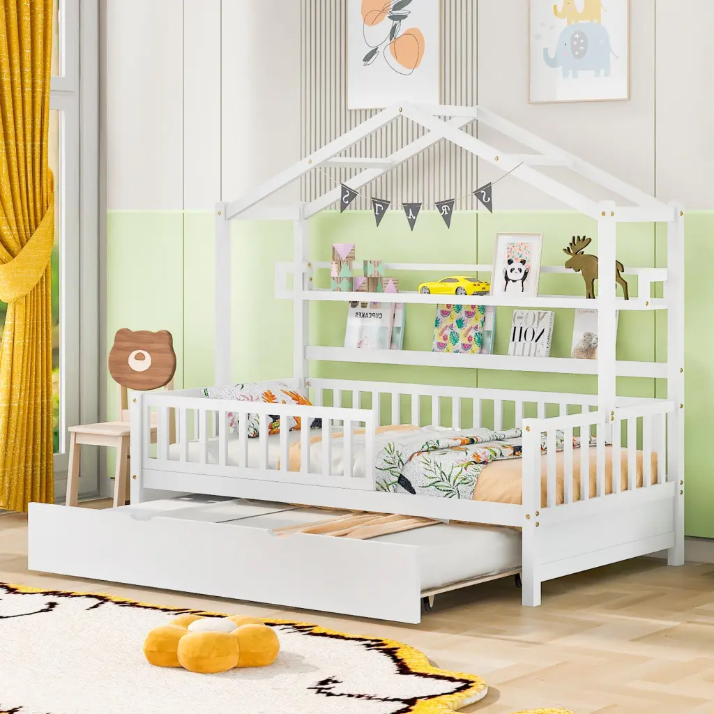 Wooden Twin Size Kids Bed Trundle and Shelf White Finish Bedroom homey life