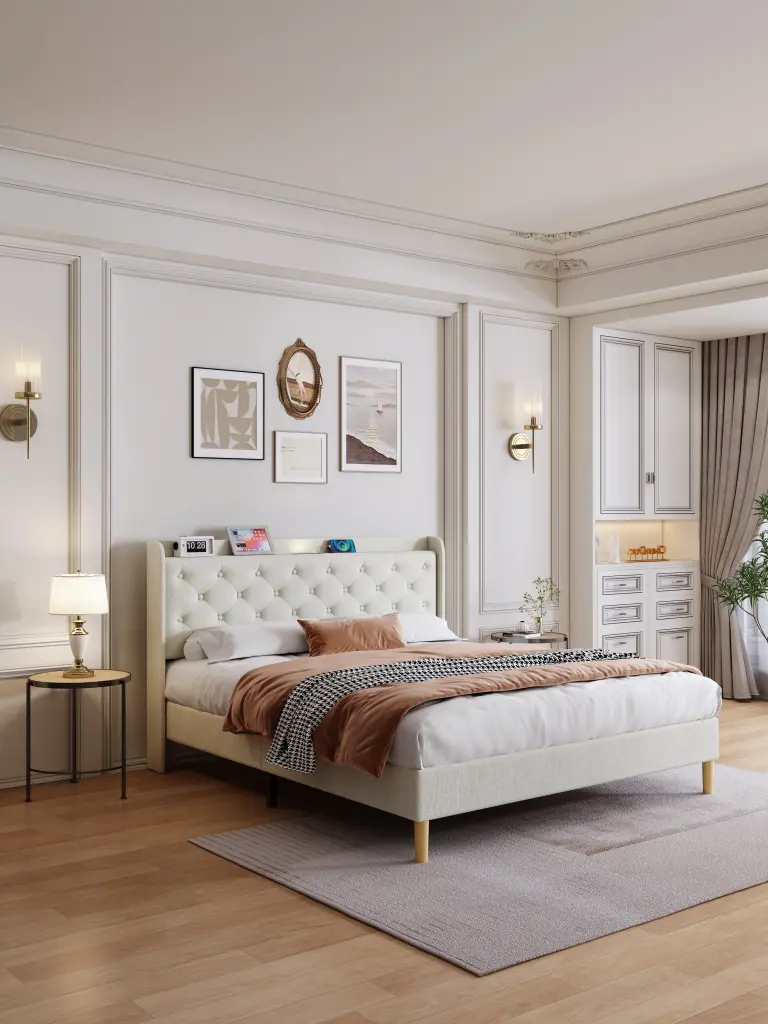 Queen Size Bed Mesh Backboard Beautiful LED Lights Cotton And Linen Upholstered hx-furniture