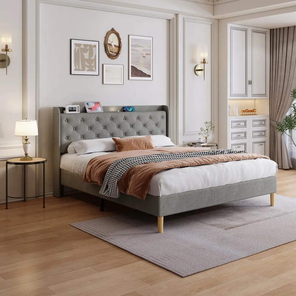 Queen Size Bed Mesh Backboard LED Lights Cotton Upholstered Bedroom hx-furniture