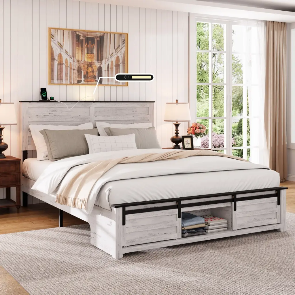 Queen Bed Frame Upholstered Headboard and Wood Platform Storage jhomier furniture