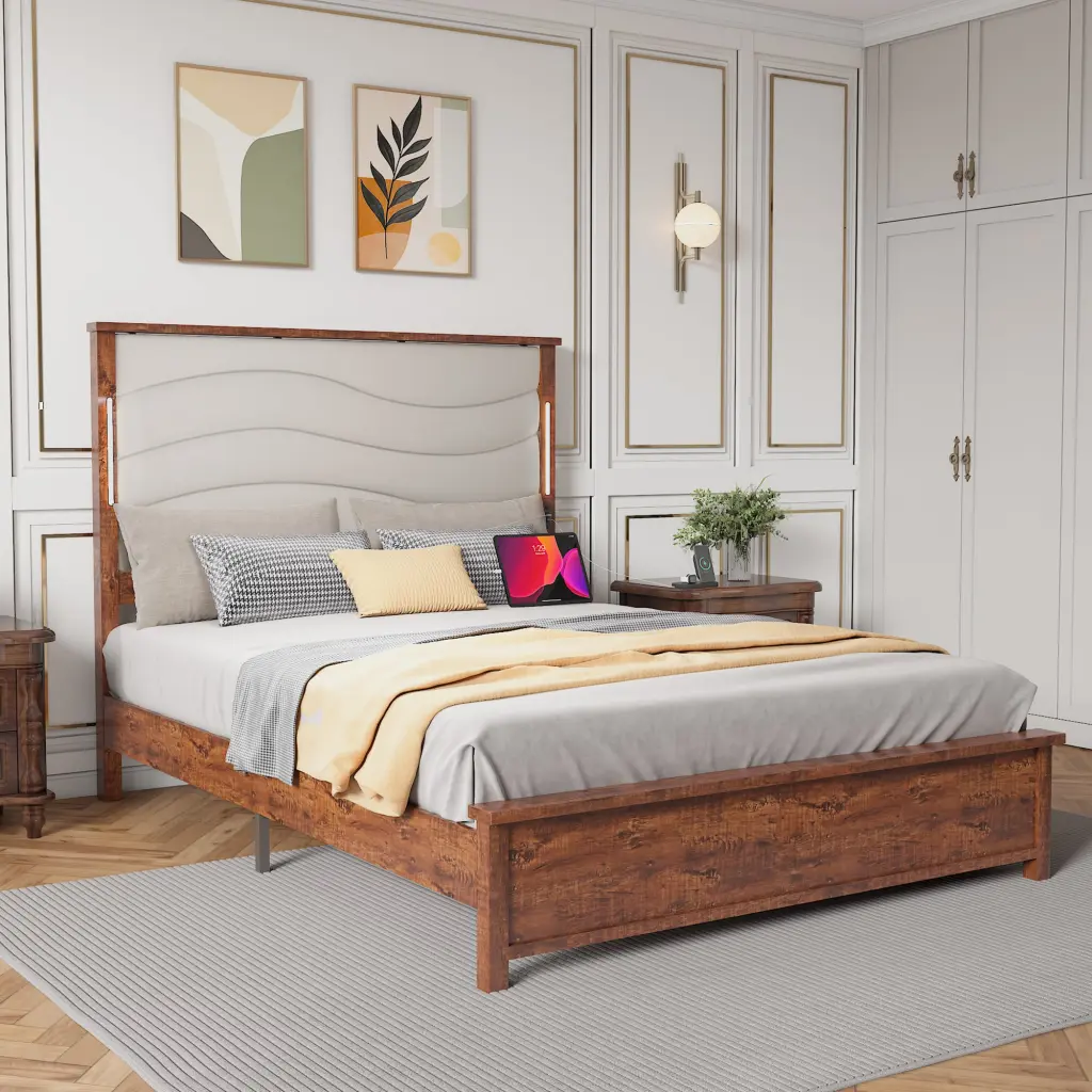 Queen Size Bed Frame Upholstered Headboard jhomier furniture